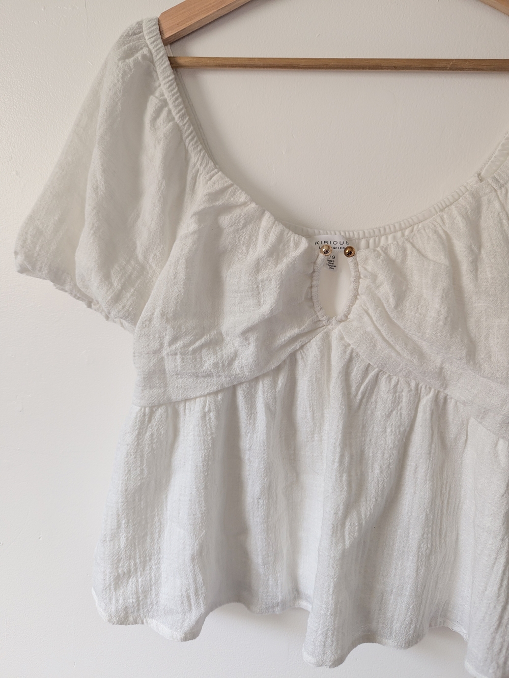 KIRIOUS White Scoop-Neck Textured Peasant Top 100% Cotton